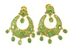 18K Yellow Gold 14.60 Ctw Emerald Encrusted Statement Dangle Earrings