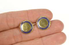 18K Yellow Gold Art Deco Blue Enamel Ornate Men's Cuff Links
