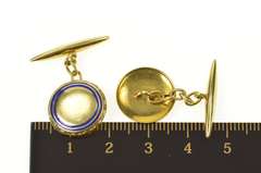 18K Yellow Gold Art Deco Blue Enamel Ornate Men's Cuff Links