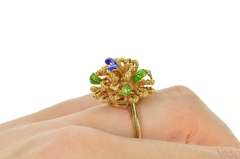 14K Yellow Gold 1960's Blue Green Enamel Leaf Cocktail Ring