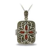 Silver Tone Genuine Garnet Flower Marcasite Locket