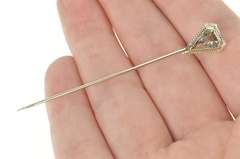 14K White Gold Art Deco Triangle Blue Topaz Ornate Stick Pin