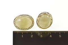 14K Yellow Gold Oval Jade Cabochon Greek Key French Clip Earrings