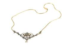 14K Yellow Gold Edwardian Diamond Pearl Scroll Pendant Necklace