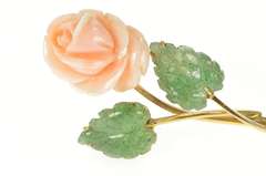 18K Yellow Gold Ornate Carved Coral Jade Leaf 3D Flower Pendant