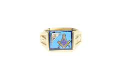 10K Yellow Gold Masonic Syn. Sapphire Diamond Accent Men's Ring
