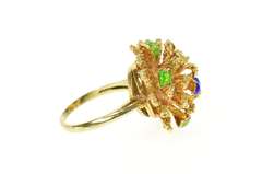 14K Yellow Gold 1960's Blue Green Enamel Leaf Cocktail Ring