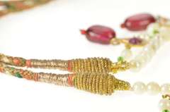 14K Yellow Gold Victorian Ruby Pearl Tourmaline Fringe Woven Necklace