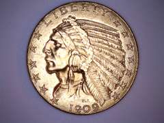 1909 D Near Unc US Indian $ 5 Gold Half Eagle