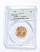 MS62 1908 $5.00 Liberty Head Gold Half Eagle - Graded PCGS