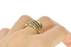 14K Yellow Gold Emerald Ruby Sapphire Tiered Wavy Band Ring