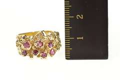 14K Yellow Gold Retro Ruby Inset Raw Textured Cluster Statement Ring