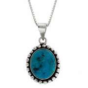 Sterling Silver Created Blue Turquoise Bali Bead Oval Pendant