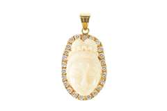 14K Yellow Gold Carved White Agate Geisha Halo Statement Pendant