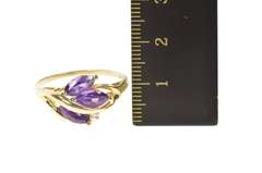 14K Yellow Gold Marquise Amethyst Diamond Accent Leaf Motif Ring
