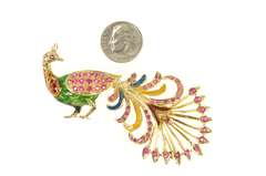 18K Yellow Gold 1960's Ruby Encrusted Peacock Statement Pin/Brooch