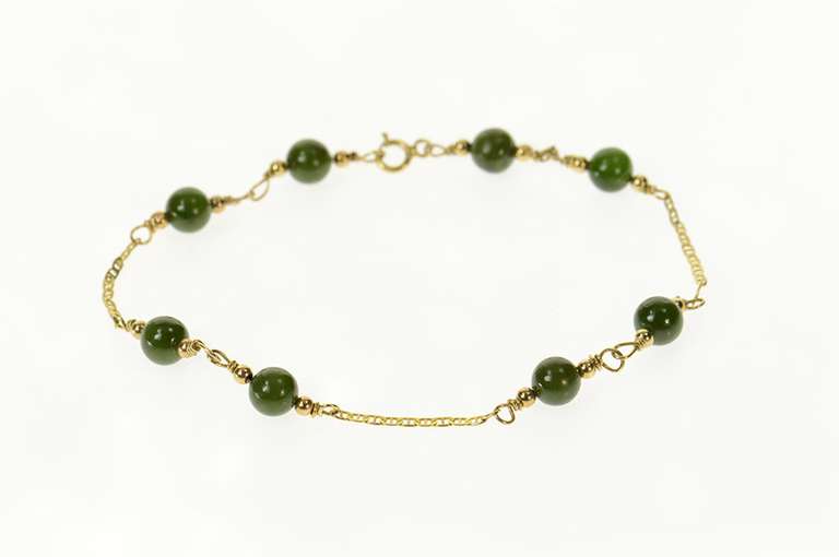 14K Yellow Gold Retro Nephrite Anchor Link Chain Bracelet