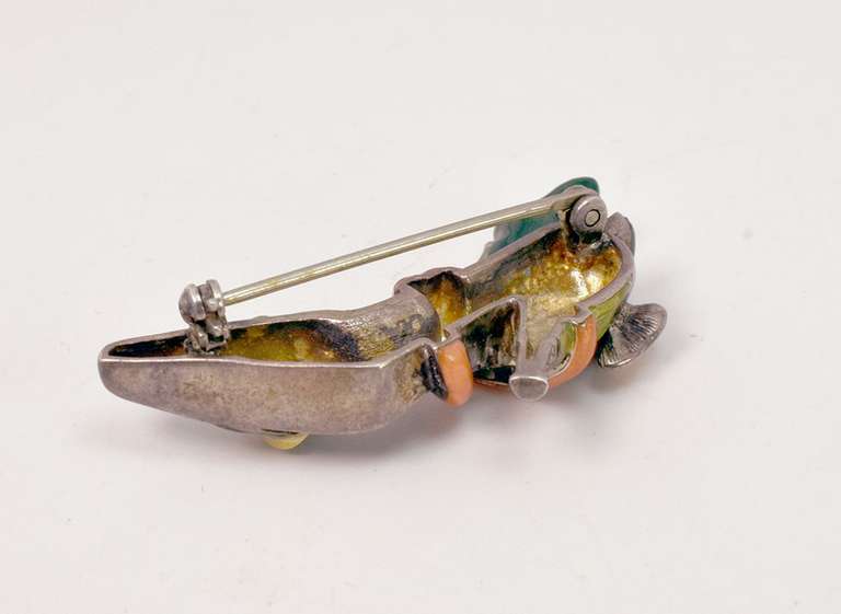 Surreal Sterling Silver Heel Brooch with Enamel Flower Vine Accents.