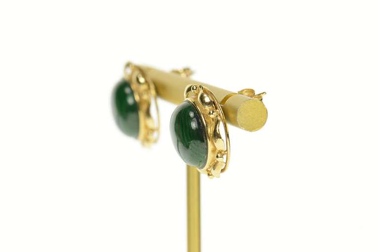 14K Yellow Gold Round Malachite Cabochon Retro Stud Earrings