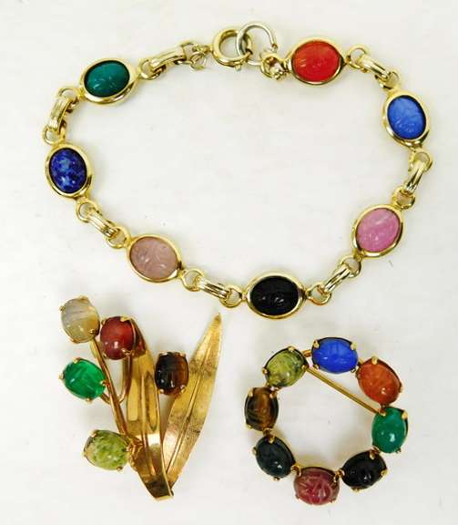 Vintage Collection of Gold-Filled Gemstone Scarab Jewelry