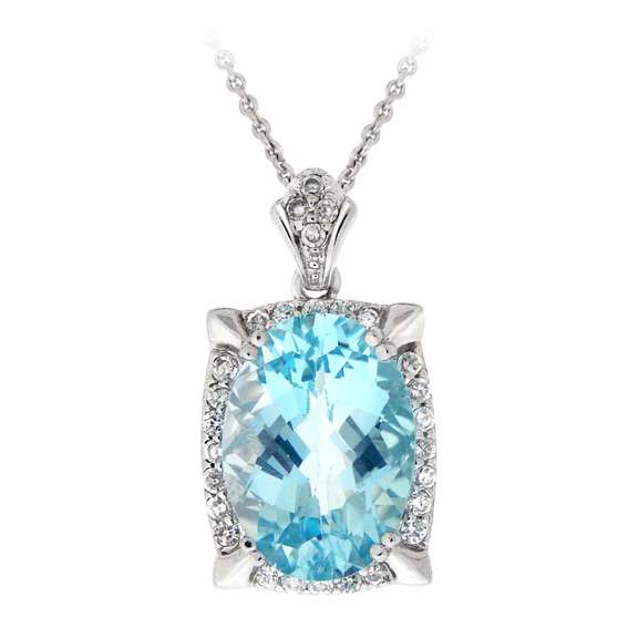 Rhodium Plated 7.75ct Blue Topaz & CZ Oval Necklace