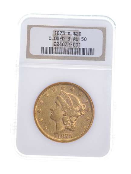 AU50 1873-S $20 Liberty Head Gold Double Eagle - Closed 3 - NGC