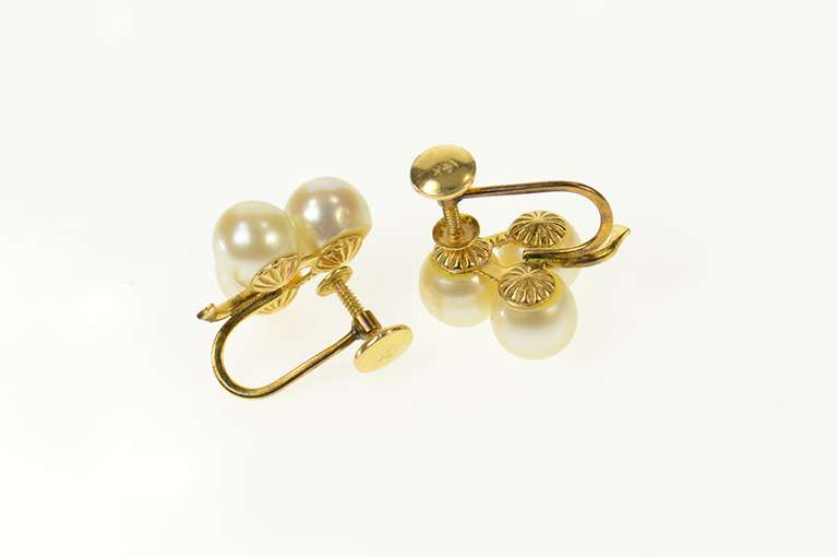14K Yellow Gold Pearl Clover Shamrock Screw Back Earrings