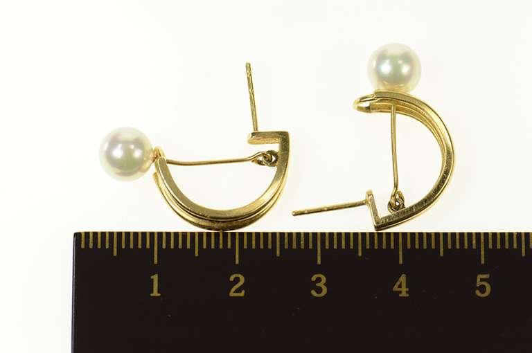 14K Yellow Gold Pearl Pendulum Drop Bar Semi Hoop Statement Earrings