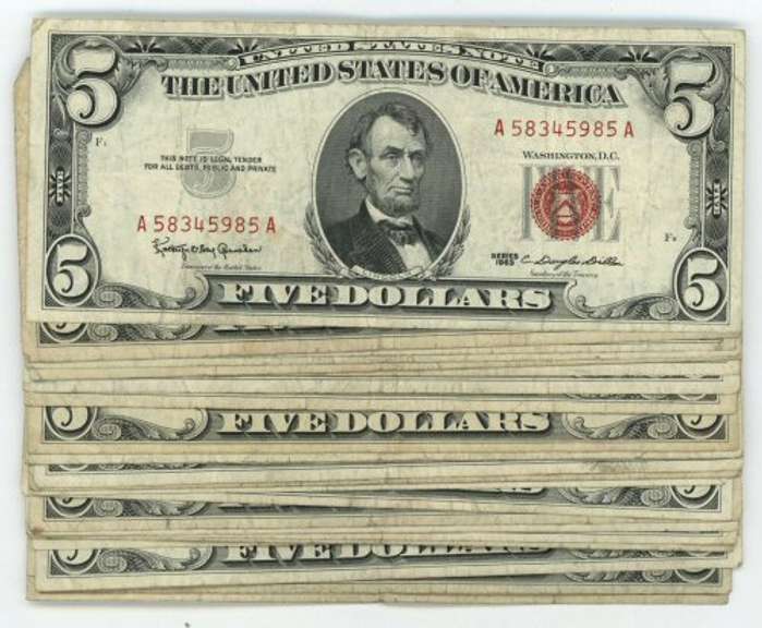 25 Series of 1963 $5 Red Seal Notes in nice circ