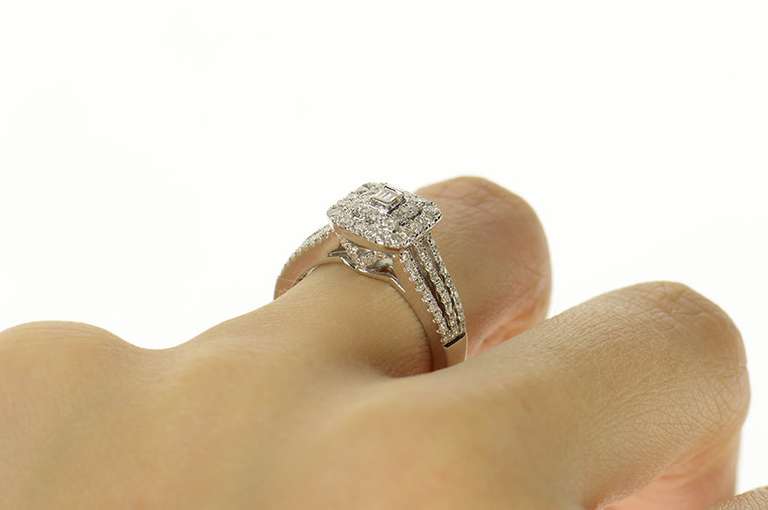 14K White Gold 0.67 Ctw Baguette Diamond Halo Engagement Ring