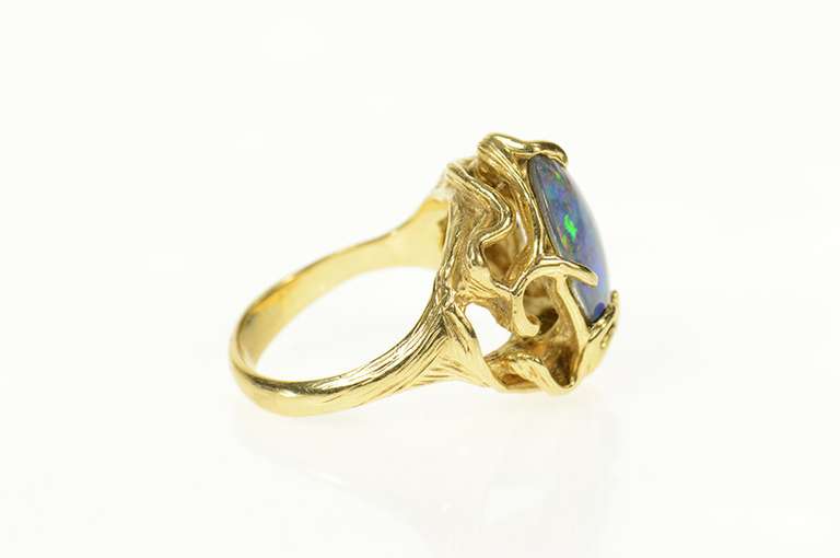 14K Yellow Gold Ornate Retro Sim. Black Opal Vine Cocktail Ring