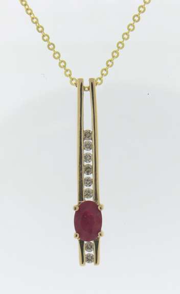 Romantic Oval Ruby Diamond Bar Pendant on Chain