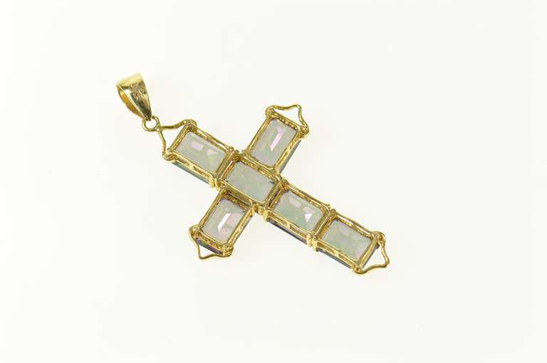 14K Yellow Gold Emerald Cut Mystic Topaz Cross Christian Pendant