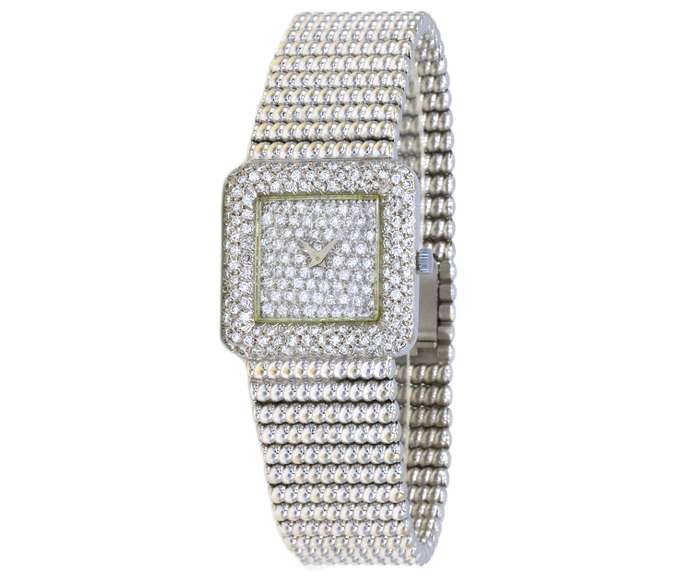 Bueche Girod Square White Gold 27mm Diamnd Dial Watch