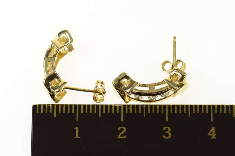 14K Yellow Gold Semi Hoop Curved Bar CZ Statement Earrings