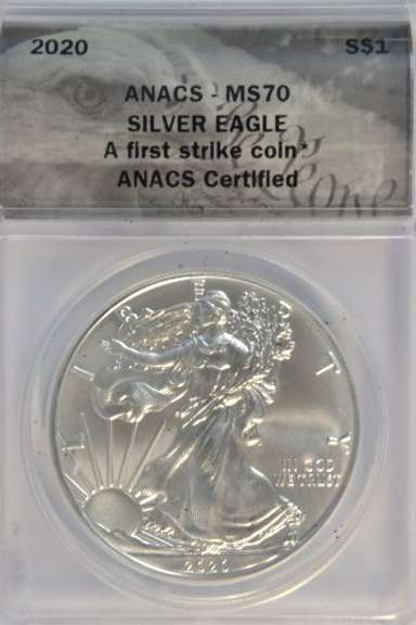 Flawless 1st Strike 2020 $1 American Silver Eagle. ANACS MS70