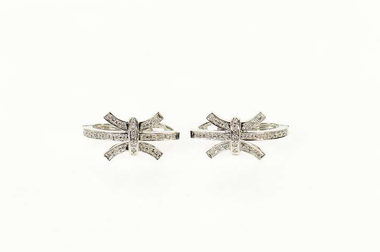 18K White Gold 0.68 Ctw Diamond Curved Bar Cluster Hoop Earrings