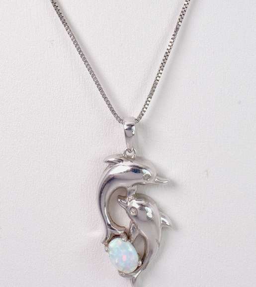 Shiny Opal Set in Sterling Silver Dolphin Pendant With Diamond Accent Eyes.