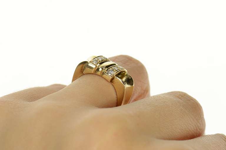 14K Yellow Gold 1940's Diamond Squared Ribbon Statement Ring