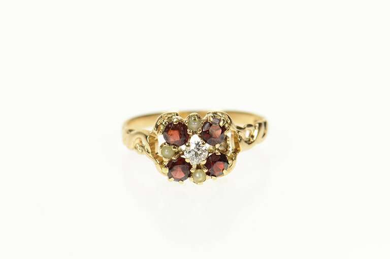 14K Yellow Gold Victorian Diamond Garnet Seed Pearl Statement Ring