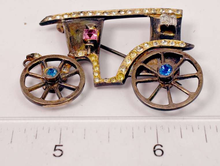 Whimsical Sterling Silver Horse Carriage Brooch with Multi-Colored Crystal Accents