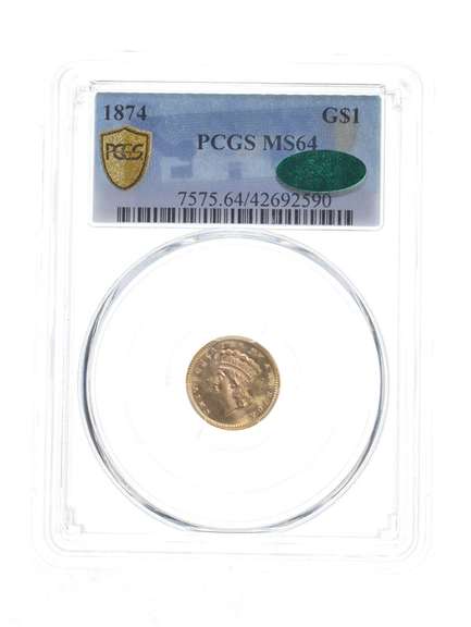 MS64 1874 $1 Indian Princess Head Gold Dollar - CAC - Graded PCGS