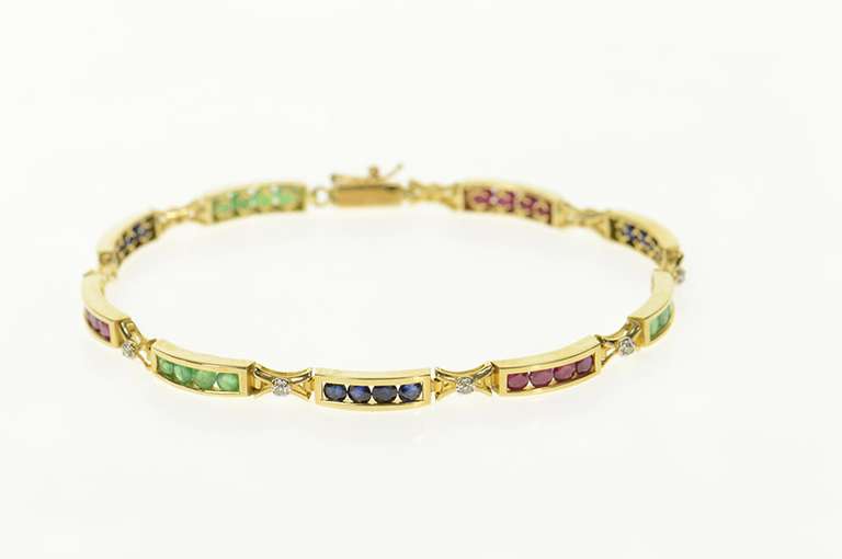 14K Yellow Gold Ruby Emerald Sapphire Diamond Bar Link Bracelet