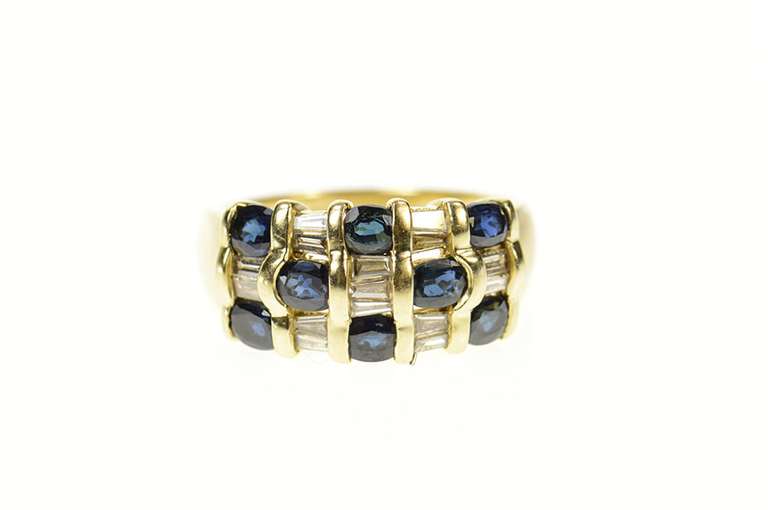 14K Yellow Gold Sapphire Baguette Diamond Checked Band Ring