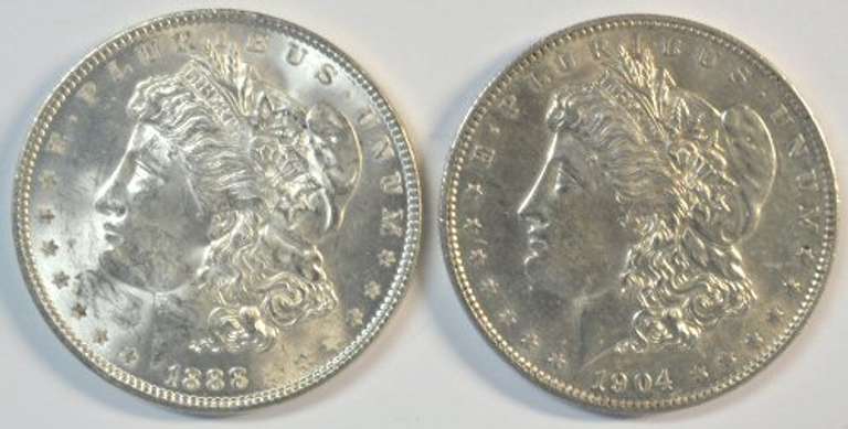 Choice BU 1888-P & 1904-O Morgan Silver Dollars