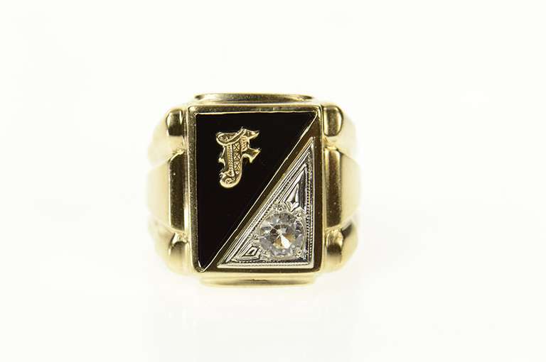 10K Yellow Gold F Monogram Black Onyx CZ Squared Retro Ring
