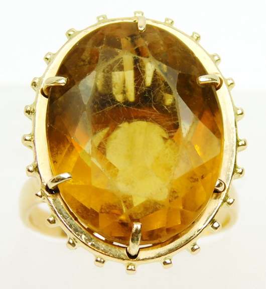 Vintage 18K Gold Ring with Huge Citrine, Size 10