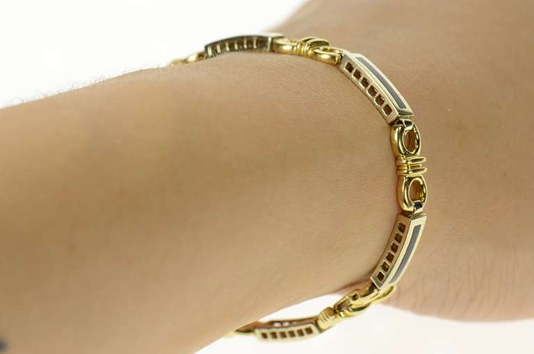 14K Yellow Gold Black Onyx Squared Inlay Bar Link Statement Bracelet