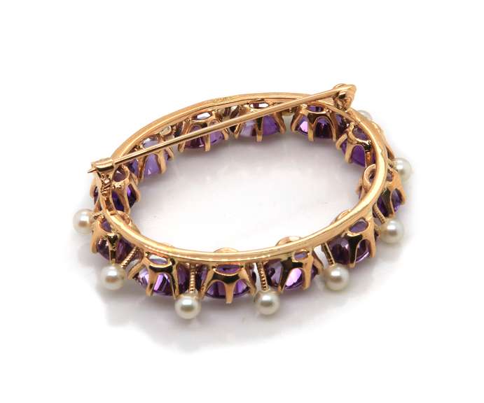 Retro 14kt YG Oval Amethyst and Pearl Brooch