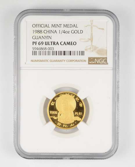 PF69 UCAM 1988 China 1/4 Oz. Gold Guanyin Official Mint Medal - NGC